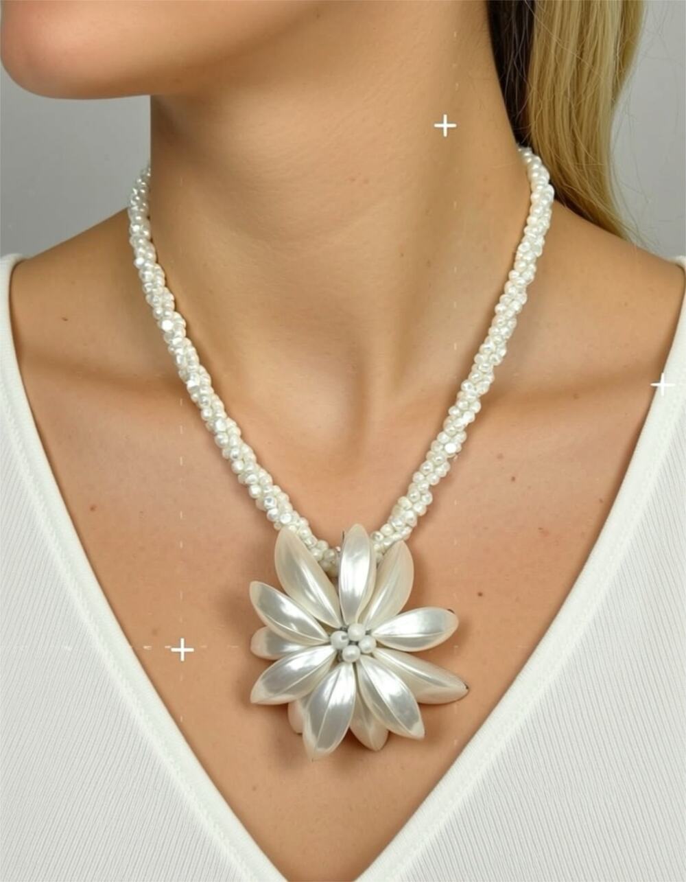 Vintage Mother of Pearl Flower Necklace White Beaded Statement Pendant 19 Inch